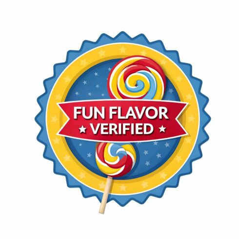 Fun flavor verified sticker isolated on white background, showcasing vibrant lollipops and a playful banner, guaranteeing a delightful taste experience and quality assurance cover image.