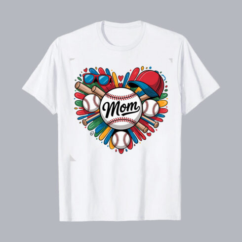 Baseball Mom Heart Design with Baseballs, Bat, Hat, and Sunglasses T-Shirt Design PNG cover image.