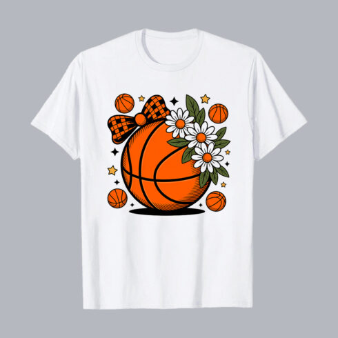 Basketball with Floral Design T-shirt - Cute and Trendy T-Shirt Design PNG cover image.