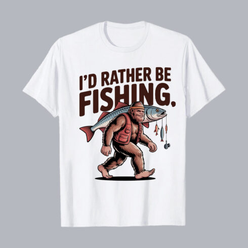 Bigfoot Fishing T-Shirt – Funny Sasquatch with Fish Graphic for Outdoor Lovers T-Shirt Design PNG cover image.