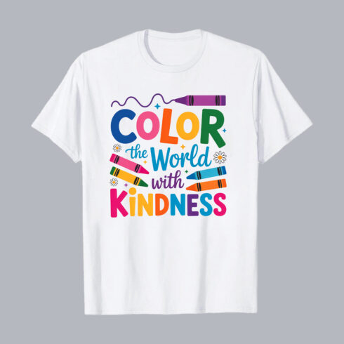 Color the World with Kindness - Vibrant Crayon Design T-Shirt Design PNG cover image.