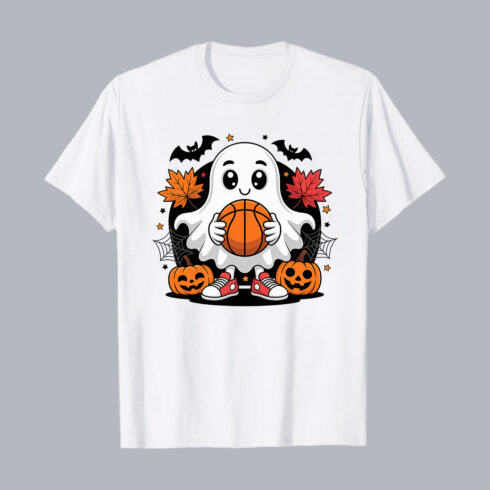 Cute Halloween Ghost with Basketball and Pumpkins - Spooky Fall Fun T-Shirt Design PNG cover image.