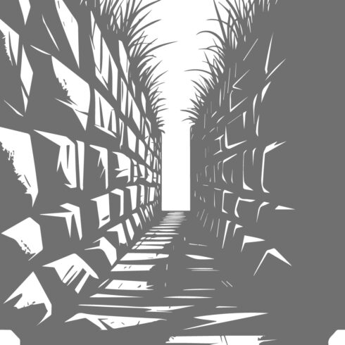 Stone Wall Corridor with Overgrown Grass Stencil cover image.