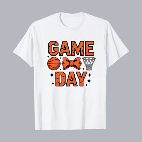 Basketball Game Day T-Shirt Design with Orange Basketball, Bow & Hoop T-Shirt Design PNG cover image.