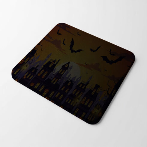 Halloween themed doormat with haunted house and bats for spooky season decor mouse pad mockup on white background cover image.