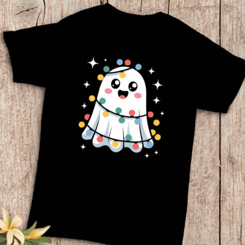 Spooky Cute Ghost with Lights T-shirt Design cover image.