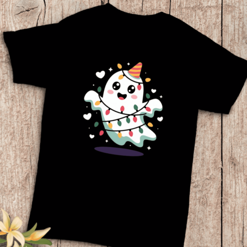 Ghost Wrapped in Festive String Lights T-shirt Design cover image.