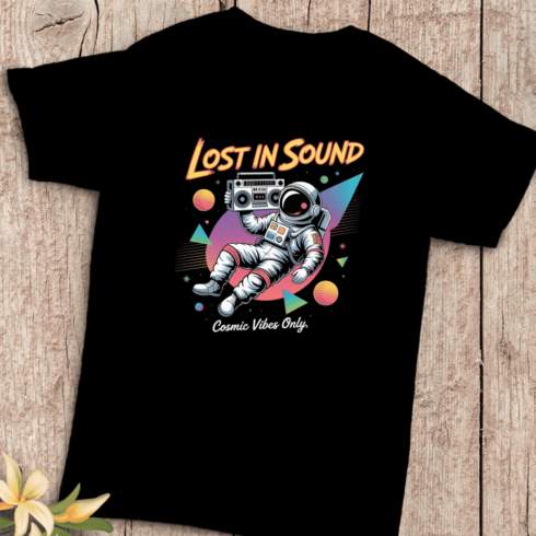 Spaceman Floating with Boom Box T-Shirt Design cover image.
