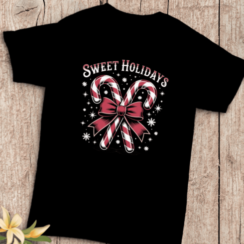 Sweet Holidays Candy Cane and Bow T-Shirt Design cover image.