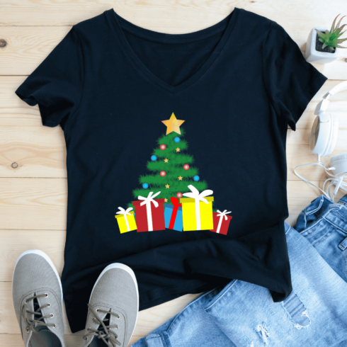 A Traditional Festive Decorated Pine Tree T-Shirt Design cover image.
