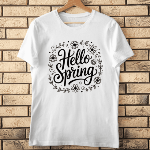 Decorative Calligraphy Hello Spring Quote T-Shirt Design cover image.