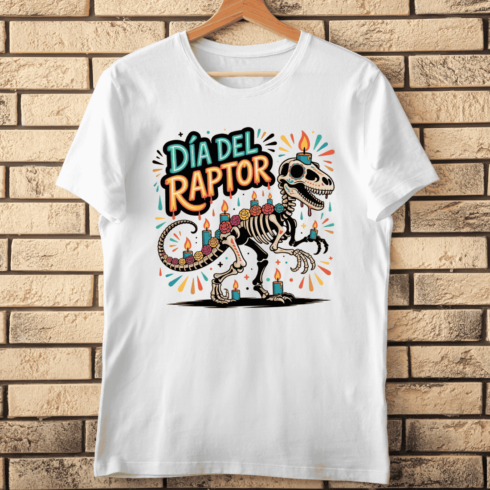 Día de Muertos Raptor Dino Skeleton T-Shirt Design cover image.