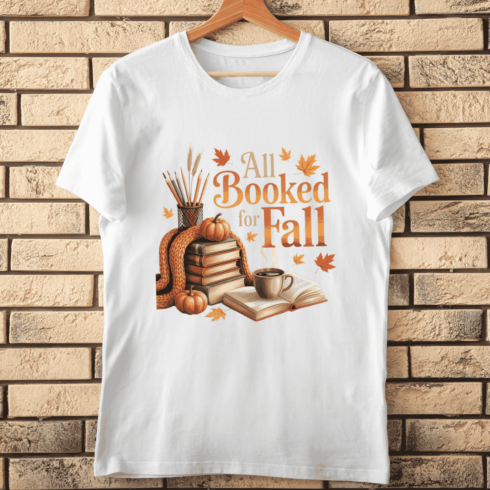 All Booked for Fall - Cozy Autumn Reading T-shirt Design cover image.