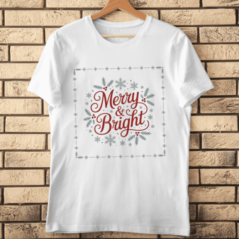 Retro Lettering Merry & Bright With Snowflakes T-shirt Design cover image.