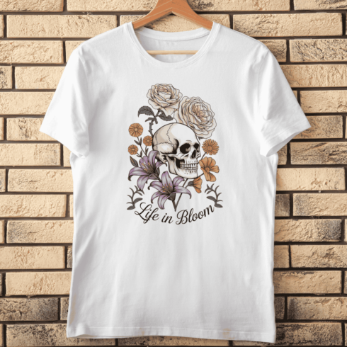 Skull and Roses Floral Life in Bloom T-Shirt Design cover image.