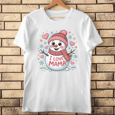 Pink and Blue Snowman with Hearts and Snowflakes T-Shirt Design cover image.