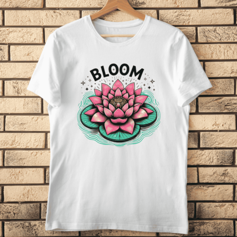 'BLOOM' Text with Lotus T-Shirt Design cover image.