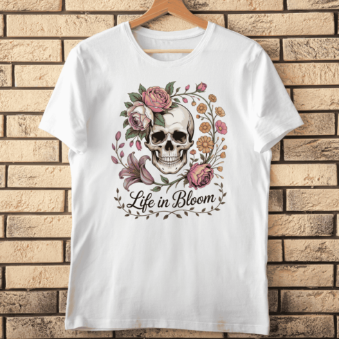 Vintage Gothic Skull with Pastel Flowers T-Shirt Design cover image.