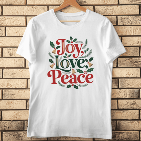 Vintage Joy Love Peace Gold Red Green Text T-shirt Design cover image.