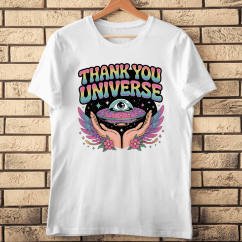 Thank You Universe with UFO and Cosmic Hands T-Shirt Design cover image.