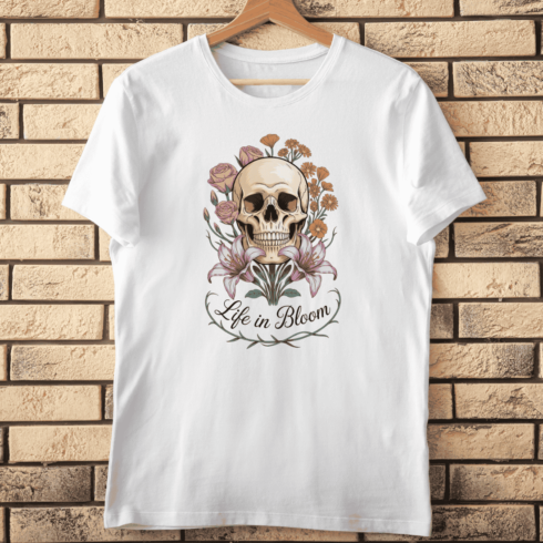 Human Skull with Blooming Flowers T-Shirt Design cover image.