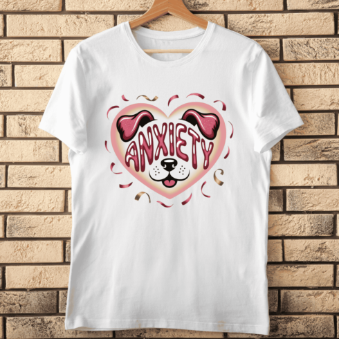 Kawaii Dog with Anxiety Slogan and Sparkling Text T-Shirt Design cover image.