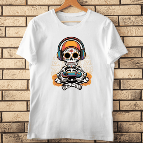 Cool Gamer Skull with Headphones and Cap T-Shirt Design cover image.