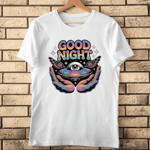 Vibrant 70s Retro Style Holographic UFO and Wings T-Shirt Design cover image.