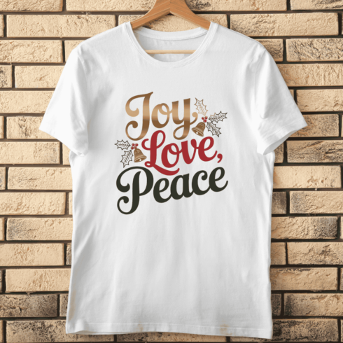 Joy Love Peace with Bells and Holly T-shirt Design cover image.