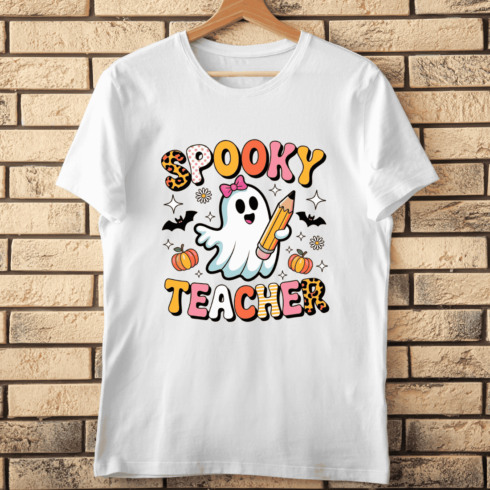 Cute Ghost Holding Pencil T-shirt Design cover image.