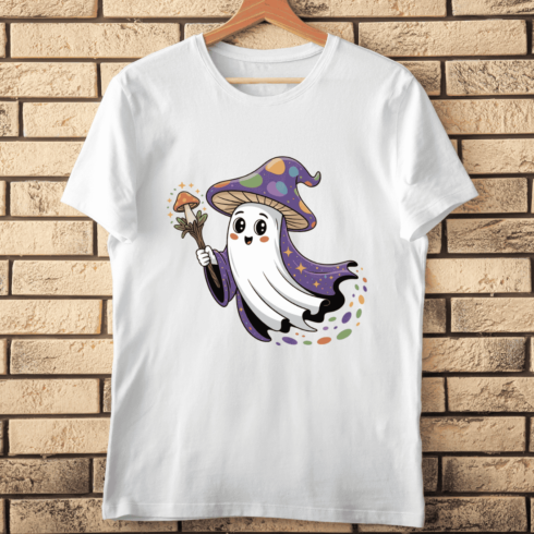 Ghost with Mushroom Hat and Magic Staff T-shirt Design cover image.
