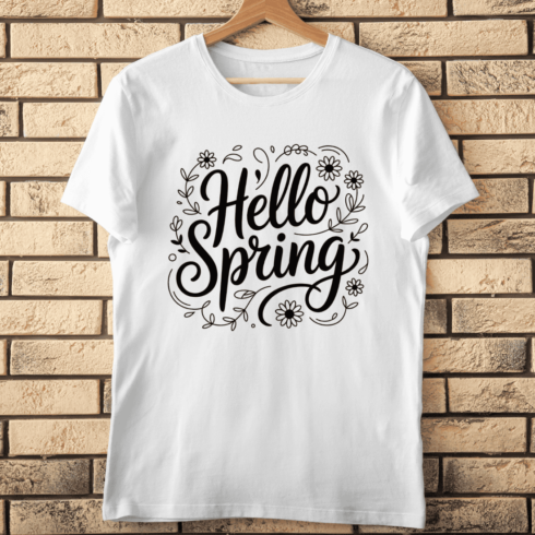 Black and White Hello Spring Typography T-Shirt Design cover image.