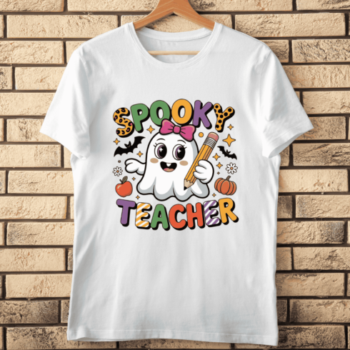 Retro Spooky Teacher with Bats and Pumpkins T-shirt Design cover image.