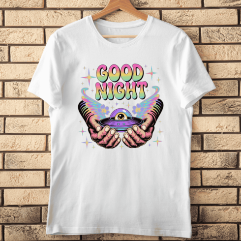 Trippy Alien UFO Good Night Rainbow Text T-Shirt Design cover image.