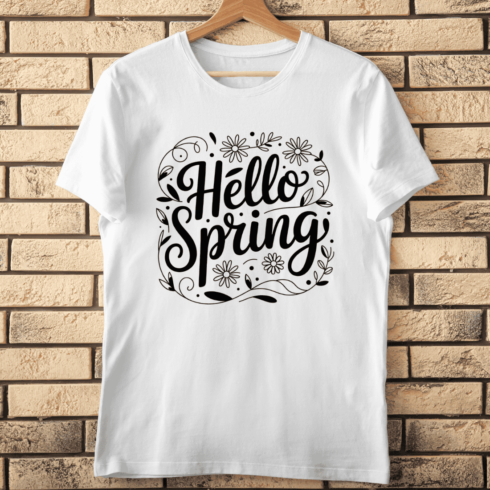 Hello Spring Text with Floral Doodles T-Shirt Design cover image.