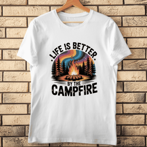 Outdoor Adventure Print Campfire Quote T-shirt Design cover image.