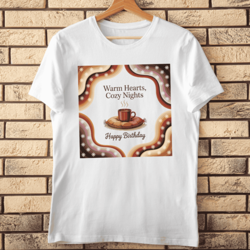 Warm Hearts Cozy Nights Birthday T-shirt Design cover image.