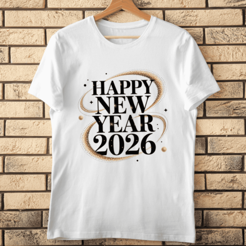 Happy New Year 2026 Glitter Gold Swirl Typography T-shirt Design cover image.