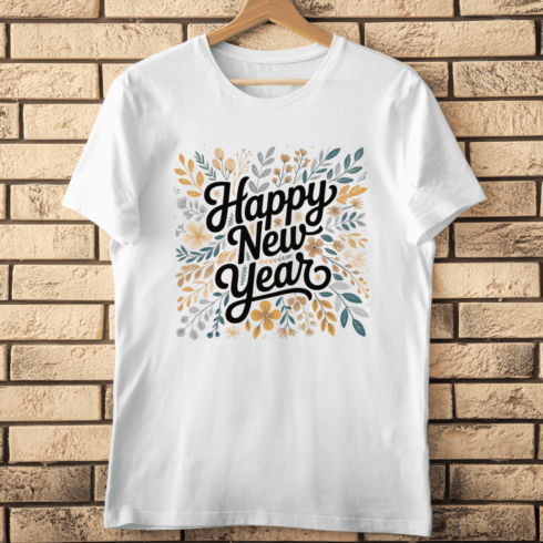 Happy New Year Floral Hand Lettering T-Shirt Design cover image.