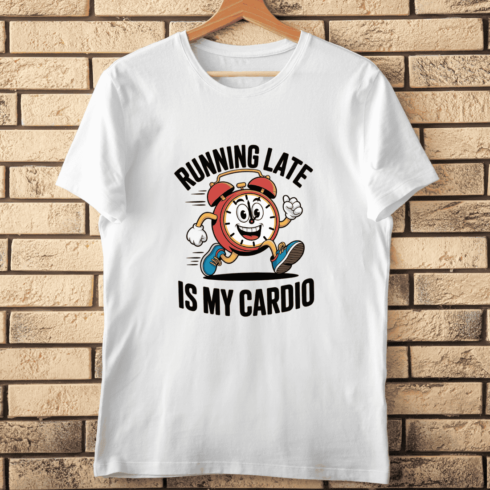 Retro Cartoon Alarm Clock Running Fitness T-shirt Design cover image.
