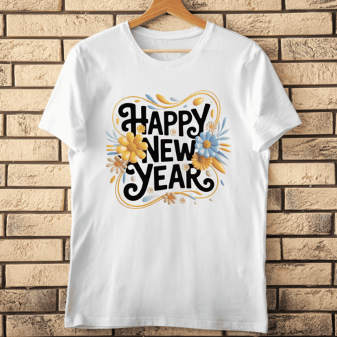 Happy New Year 3D Clay Floral Typography T-Shirt Design cover image.
