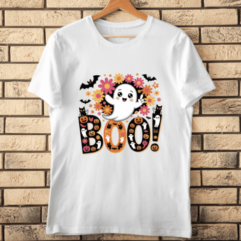 Boo! Ghost and Flowers Cartoon T-shirt Design cover image.