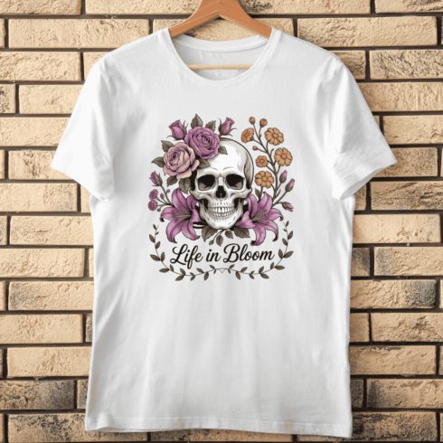 Macabre Floral Skull With Lilies and Roses T-Shirt Design cover image.