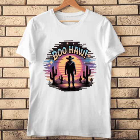 Boo Haw! Synthwave Cowboy T-shirt Design cover image.