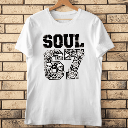 Gothic Number 67 with Skulls and Roses T-Shirt Design cover image.