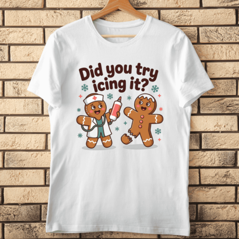 Gingerbread Nurse with Broken Patient T-Shirt Design cover image.