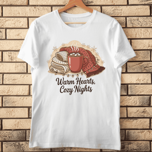 Warm Hearts Cozy Nights T-shirt Design cover image.