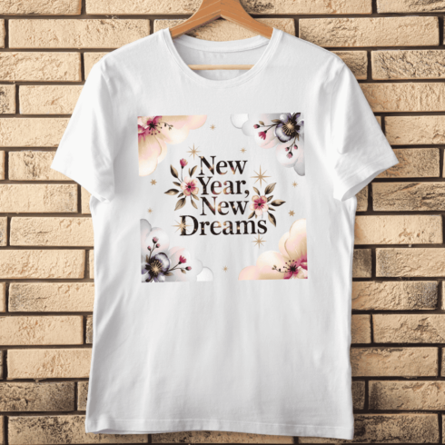 New Year, New Dreams Text with Watercolor Flowers T-shirt Design cover image.
