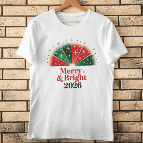 Merry and Bright Text with Festive Starburst T-shirt Design cover image.