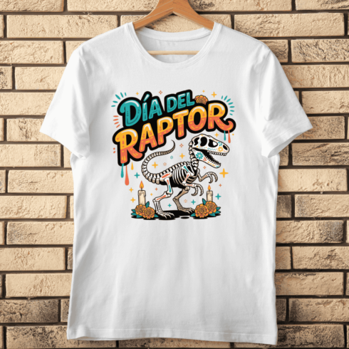 Día Del Raptor Sugar Skull Skeleton T-Shirt Design cover image.